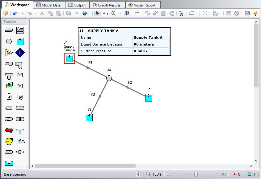 Inspecting the properties of Reservoir J1 from the Workspace with right mouse button.